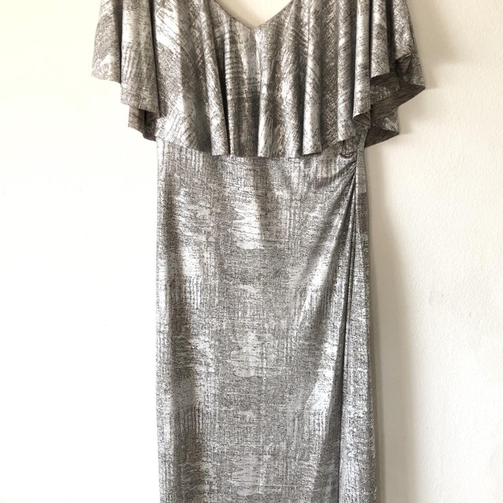 Connected Apparel Metallic Dress Silver Flutter Sleeve Size 12 – Used