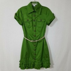Kensie Pretty Dress Ruffle Button Down S/S Belted Pockets Green Size S K214P