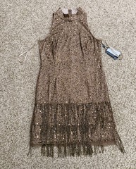 Adrianna Papell Sequin Beaded Fringe Mini Dress Halter Sleeveless Size US 6