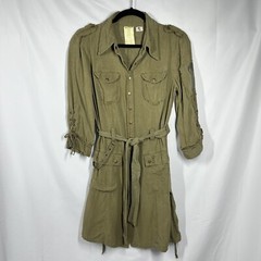 Da-Nang Surplus Military 100% Silk Dress Olive Green Logo Snap Shirt Studs