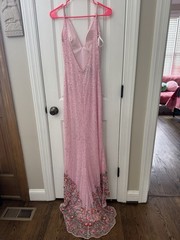 Primavera Couture Beaded Sequence Prom Gown Heavy Beading Pink Formal Slit