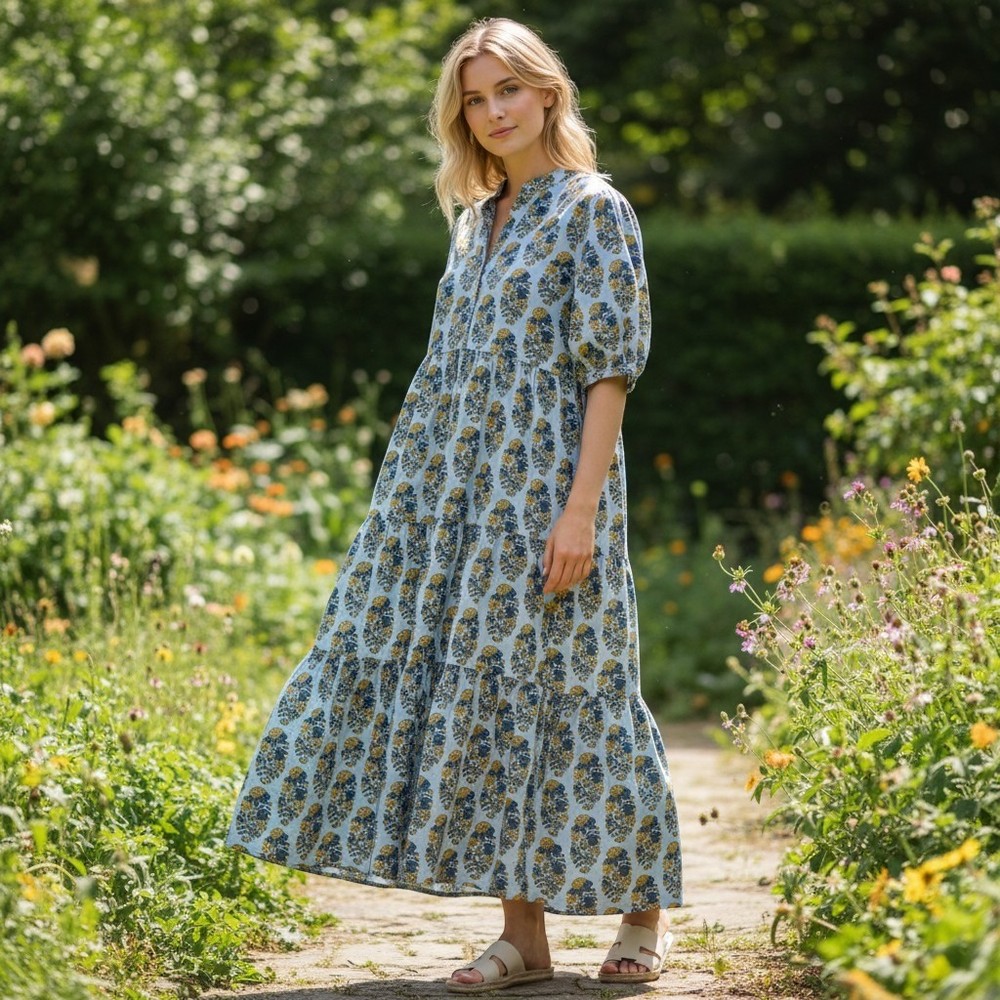 Becasa MAXI Dress Womens M/L Blue Floral Block Print Cotton Boho