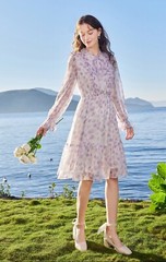 NWT Bow Tie Neck Floral Print Button Front Ruffle Hem A-line Dress Lilac Size S