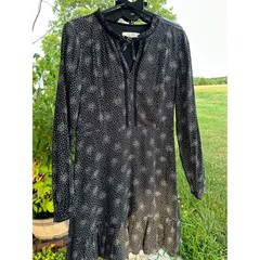 Loft Black White Dot Ruffle Neck Long Sleeve Mini Dress Size 6 Crochet Trim