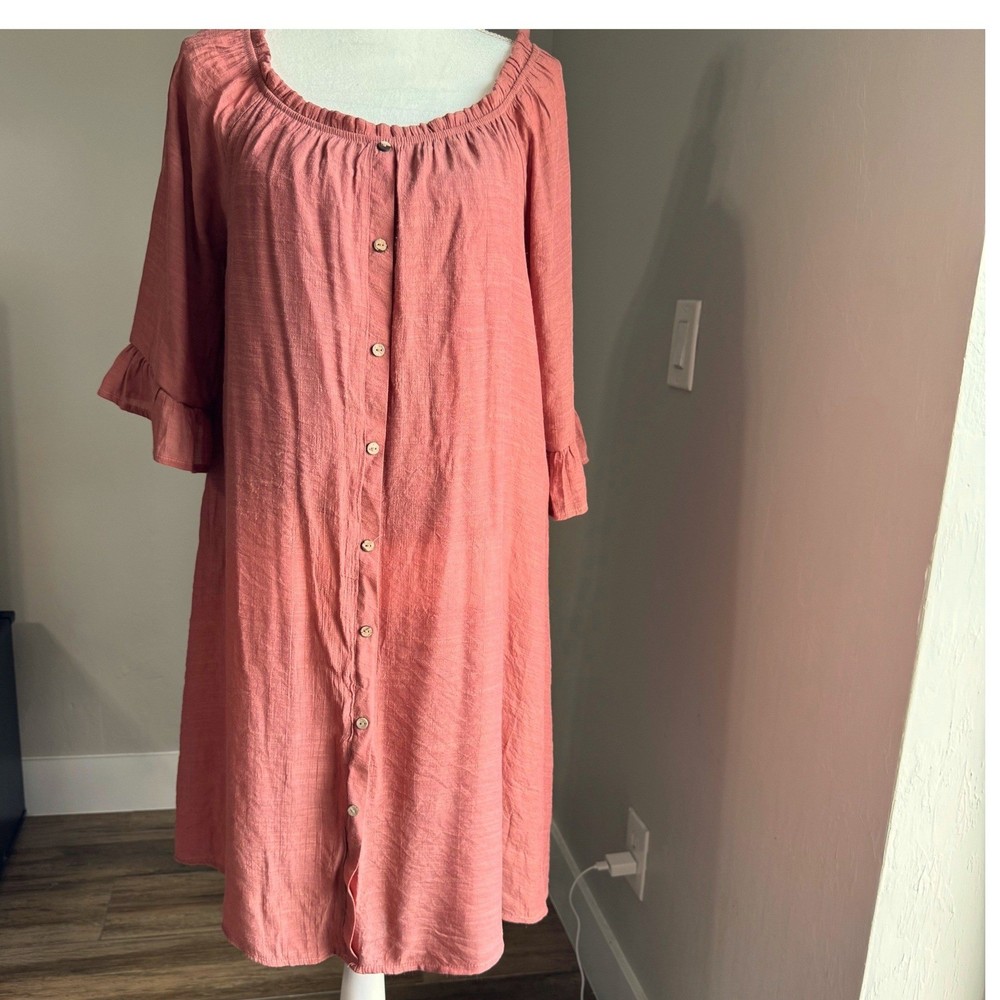 Naif Terracotta Pink Button Down Ruffle Sleeve Shift Dress XL