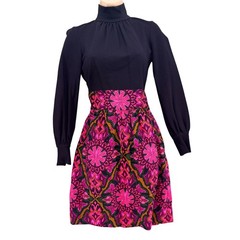 Milly Silk Floral Dress Navy Pink Long Sleeve Belted Fit Flare Knee Length Sz 0