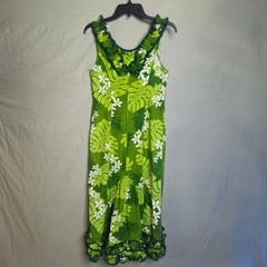 Vintage Island Aloha Wear Green Tropical Floral Ruffle Muumuu Dress Womens Small