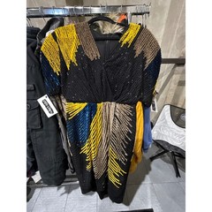 Gianni Bini Sequin Beaded Wrap V-Neck Cocktail Dress Black Yellow Blue Gold Sz 2