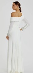 Mac Duggal White Off Shoulder Long Sleeve Beaded Cuff Side Slit Bridal Gown
