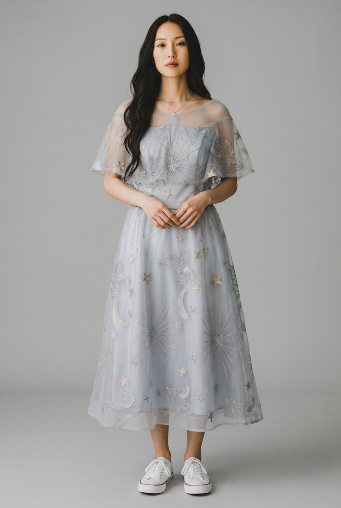 Celestial Pegasus Star Moon Embroidered Tulle Party Dress Gray M NWT