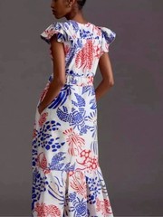FARM Rio White Printed Ruffle Sleeve Midi Dress-Blue/Red Lobster Print & Tassles