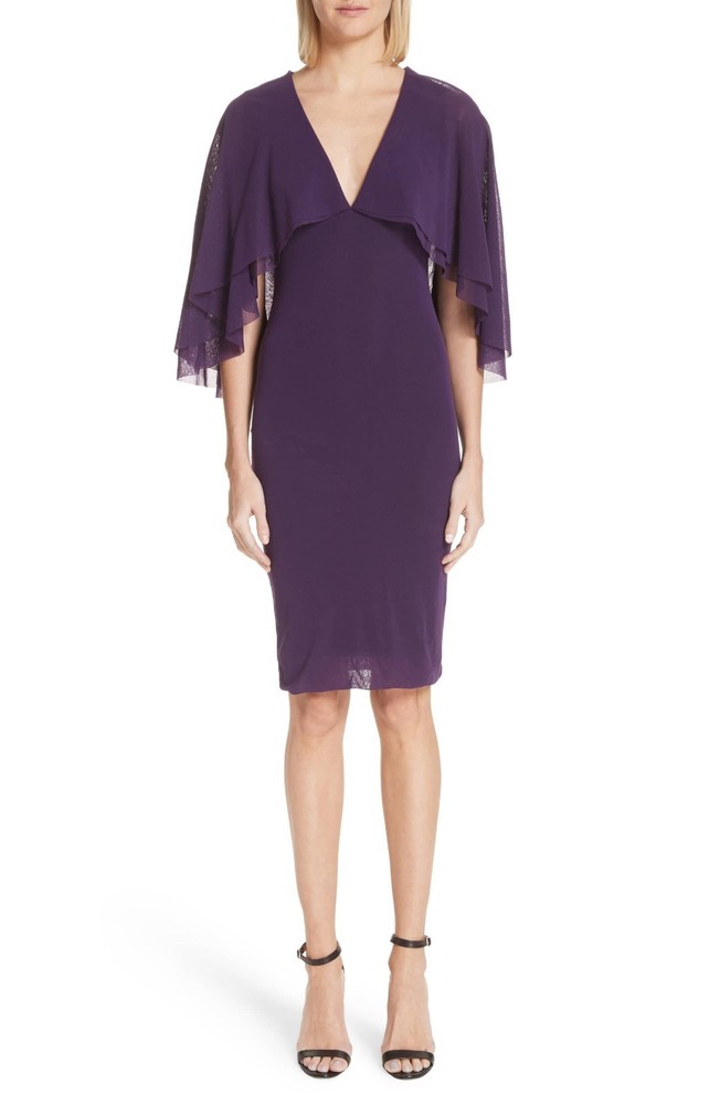 FUZZI Viola Purple Flutter Sleeve Cape Capelet Tulle Mesh Bodycon Dress XS 0/2