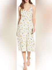 BP Nordstrom Floral Midi Dress Tie Front White Yellow Women&rsquo;s M