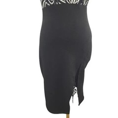 Papaya Medium Black Bodycon Dress V-Neck Lace Trim USA Black Gray White Print