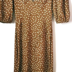 Ronny Kobo Brown White Polka Dot Midi Dress Hi Low Puff Sleeve A-Line XS Party