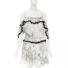 VALENTINO Garden illustration print silk off shoulder lace up dress IT40 S