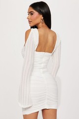 Fashion Nova White Ruched Mini Bodycon Dress Long Bell Sleeve XS
