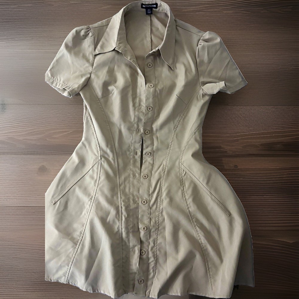 PRETTYLITTLETHING Beige Solid Puff Sleeve Shirt Dress Collared Button Front 4