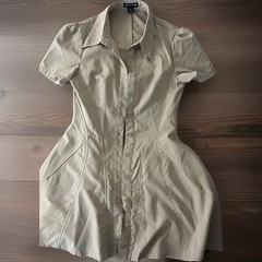 PRETTYLITTLETHING Beige Solid Puff Sleeve Shirt Dress Collared Button Front 4