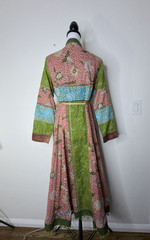 Exotic Boho J. Peterman Silk Quilt Patch Dress Gold Waist Tie Button Colorful 10