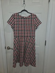 Talbots Red Black White Houndstooth Short Sleeve Fit & Flare Dress Knee Length L