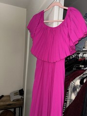 Women&rsquo;s Pink Solid Off Shoulder Pleated Ruffle Maxi Dress Size L Long