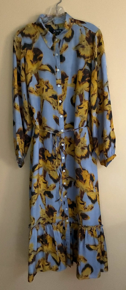 J. CREW MIDI DRESS WITH SLIP IN BLUE LARGE IRIS PRINT IN YELLOW LONG SLEEVE L-XL