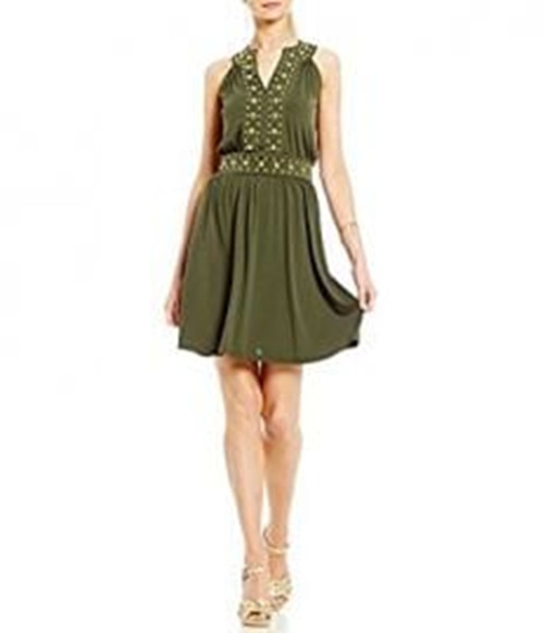 MICHAEL Michael Kors Split Neck Dome Studded Band Sleeveless Draped Dress, XS