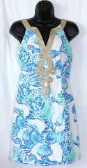 LILLY PULITZER Slvlss Blue Print Gold Trim Drs 30 In Chest 32.5 In Long Sz 0 EXC