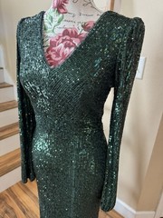 XSCAPE Green Sequin Solid Maxi Dress V-Neck Long Sleeve Lined Zip Womens 4