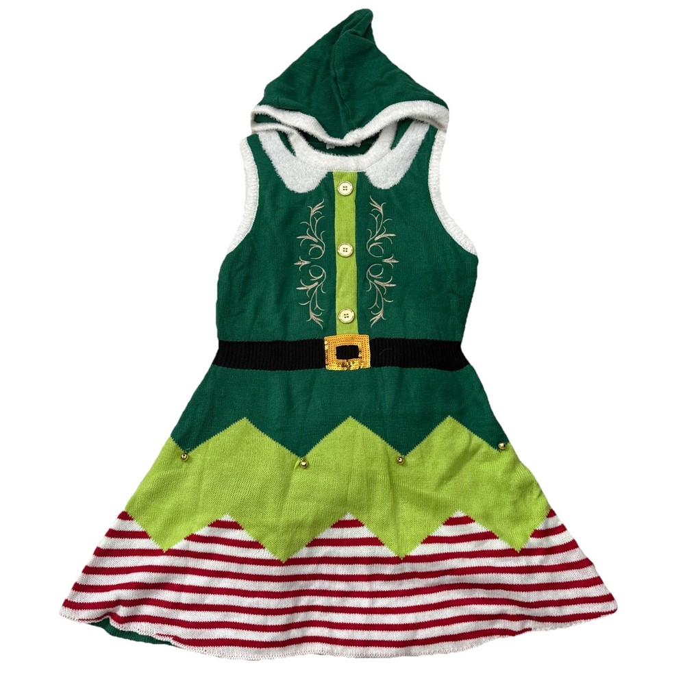 No Boundaries Elf Dress Size Large Womens Juniors Green Red White Bells Hooded