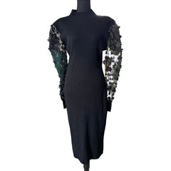 Black Ribbed Midi Bodycon Dress Womens 2X Goth Romantic Sheer Floral Sleeves NWT