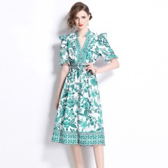 Vintage Baroque Floral Print V Neck Short Sleeve Women Casual Party Midi Dresses