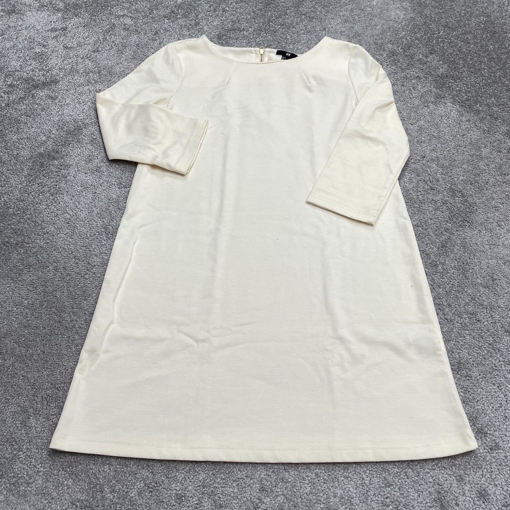 H&M Long Maxi Shift Dress Womens Small Ivory Solid Long Sleeve Round Neck Work