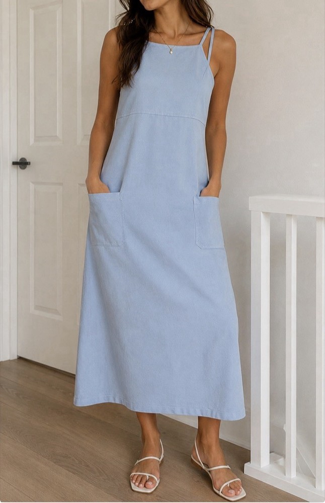 Women&rsquo;s Light Blue Midi Dress Sleeveless Pinafore Style With Pockets Size s