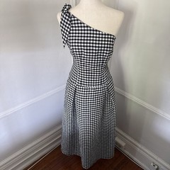 Anthropologie Black White Gingham One Shoulder Bow Accent Knee Length Dress M