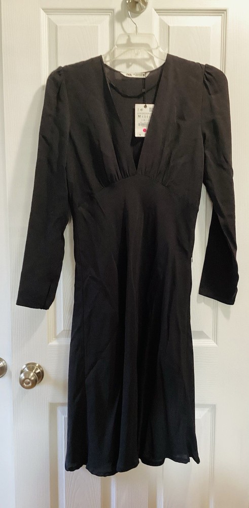 Zara Black Solid V-Neck Puff Long Sleeve Knee Length Zip Dress Women M