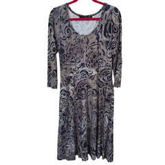 Peruvian Connection Blue Beige Swirl Midi Dress M Scoop Neck 3/4 Sleeve Artsy