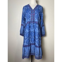 Bella Tu Floral Cotton Embroidered Midi Dress L Blue Block Print Boho Resortwear