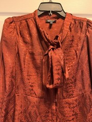 Express Brown Snakeskin Pattern Silky Ruffle Tie Neck Front Button Up Dress SP