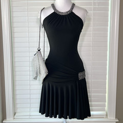 90s vintage Cache Black Halter Ruched Fit & Flare Knee Dress Rhinestone