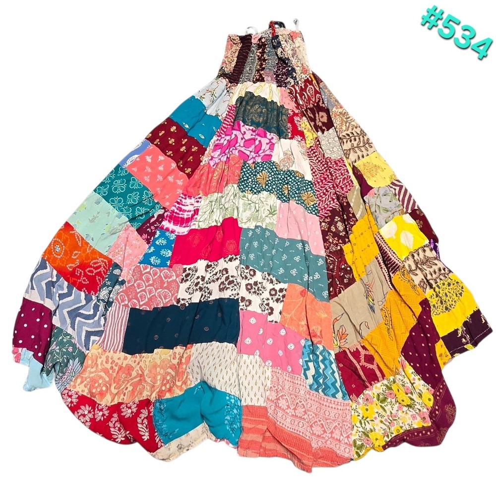 Indian MulticolorPatchwork Pattern Colorful Sleeveless Boho Maxi Dress Free Size