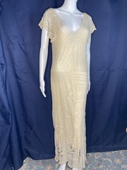 Vintage 90s Silk Crochet Maxi Dress Boho S Cream Ivory Spiegel Beachy