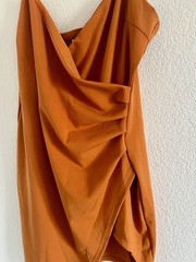 Wanna This Orange Solid Cowl Neck Ruched Asymmetric Slip Dress Womens L
