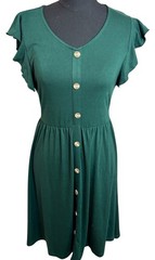 Emerald Green Button Front Dress Flutter Sleeve Cottagecore Casual M