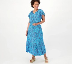 Destination 365 Printed Short-Slv Midi Dress w/Smocking-Turquoise-XS-NEW-A596751