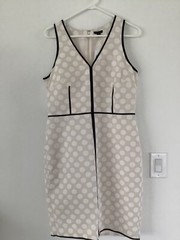 Ann Taylor V Neck Polka Dot Cream White with Black Trim Sheath Dress Size 10