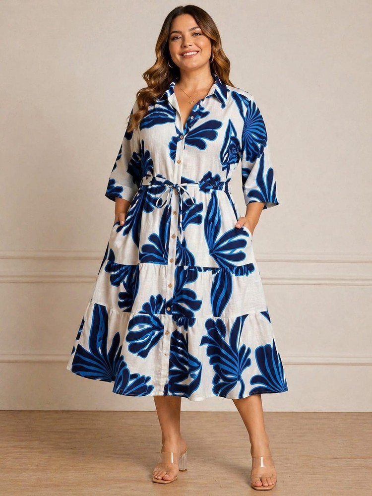 Mlle Gabrielle Womens Plus size cotton printed button down collared 3/4 slv Dres