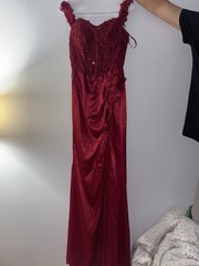 Ladivine Women’s Red Satin/Mesh Sequin Beaded Long prom dress Size S