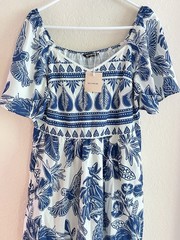 BLOOMCHIC Blue/White Tropical Floral Bird Smocked Stretch Midi Dress 12